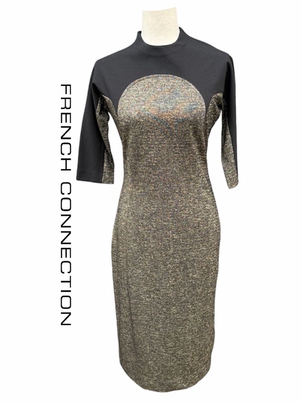 French Connection Metallic Black and Gold Midi color block mock neck Dress 8